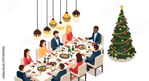 Festive holiday dinner with family and friends in isometric style decorated with christmas tree