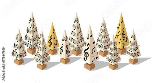 Musical sheet trees geometric holiday design with musical notes and shadows