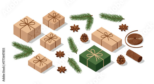 Festive holiday gift boxes with pine branches and seasonal decor on white background
