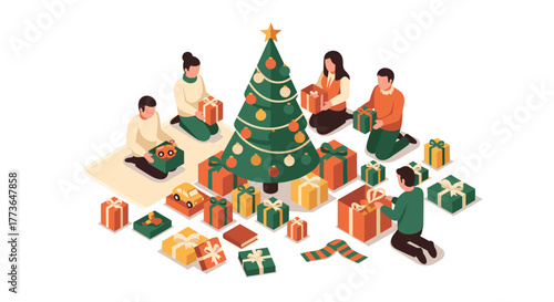 Festive family gathering unwrapping gifts around christmas tree in isometric design