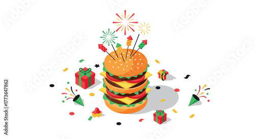 Festive burger celebration with fireworks and gifts in isometric style