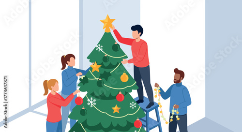 Family decorating christmas tree together in festive holiday preparation scene