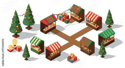 Festive holiday market scene with decorated trees and gift stalls in isometric style