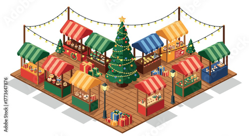 Festive christmas market with decorated stalls and holiday lights in isometric design