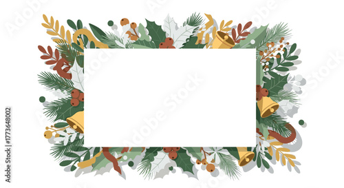 Festive frame with holiday bells and winter greenery