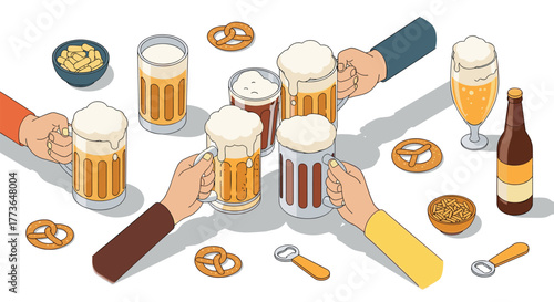 Cheers and snacks isometric beer mugs and hands with pretzels and snacks