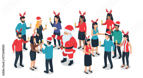 Office holiday party scene with santa and diverse coworkers in festive attire celebrating with champagne