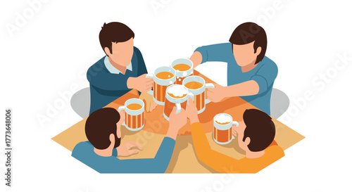 Friends celebrating with beer at a table in 3d isometric style