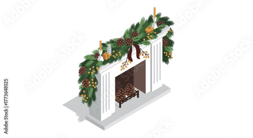Isometric fireplace with festive garland and pinecones decoration