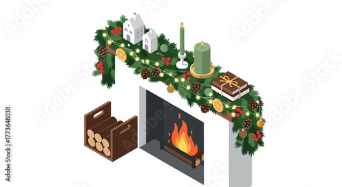 Isometric festive fireplace with garlands, candles, and holiday decorations