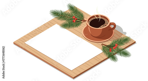 Cozy winter holiday scene with coffee and pine branches on wooden surface