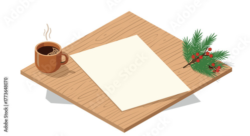 Cozy holiday scene with coffee mug and blank paper on wooden table