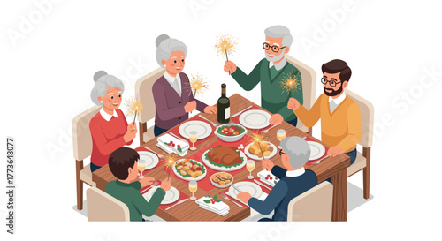 Isometric family celebrating festive dinner with food and sparklers