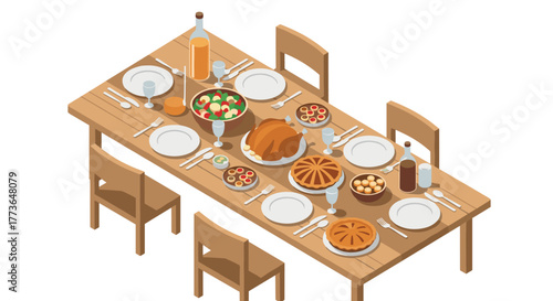 Isometric dining table with festive meal and desserts for family celebration