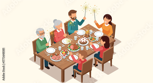 Family celebrating at dinner table with sparklers