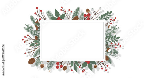 Festive holiday frame with pine cones and berries in a flat design