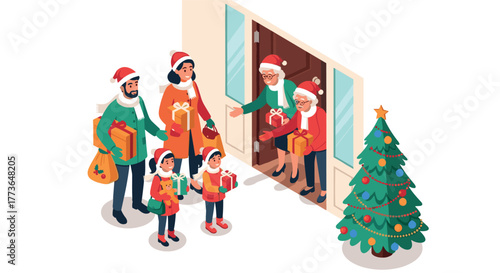 Family celebrating christmas with gifts and tree in festive holiday scene
