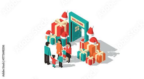 Festive holiday shopping scene with family and christmas gifts in isometric style