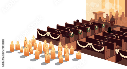 Candlelit ceremony in a church with festive decorations and shadows