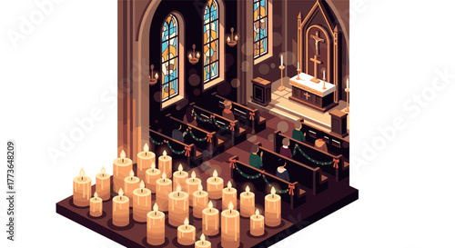 Cozy candlelit church with stained glass and wooden pews in isometric style