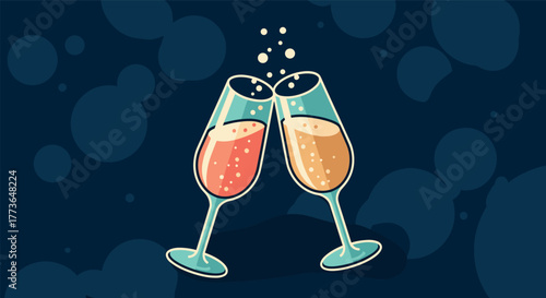 Celebratory champagne toast with two clinking glasses on a dark background