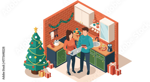 Cozy isometric christmas kitchen with couple, gifts, and festive decor