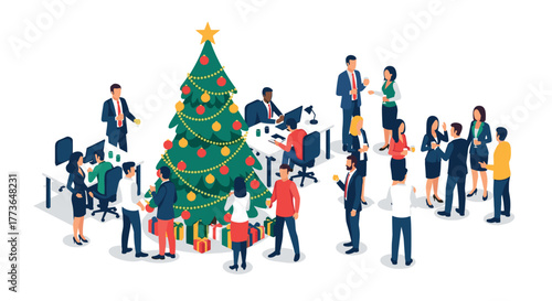 Isometric office christmas party with decorated tree and festive celebration