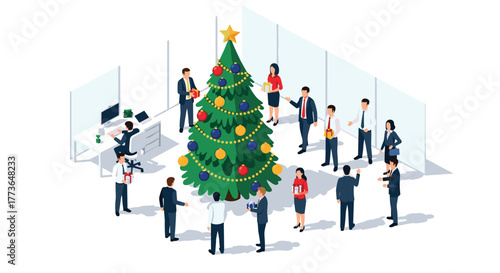 Office colleagues celebrating christmas around decorated tree in festive workspace