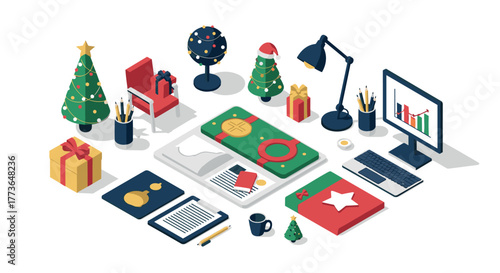 Christmas office decor isometric scene with gifts and festive elements