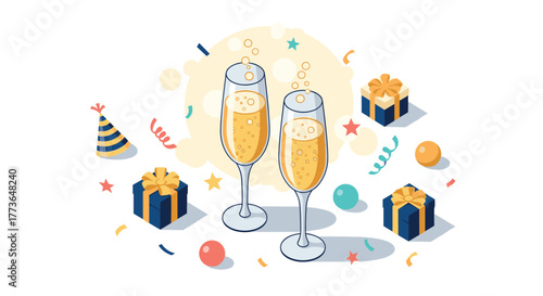Festive celebration with champagne glasses and gifts in isometric style