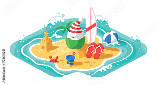 Tropical island with summer holiday elements in a colorful flat design