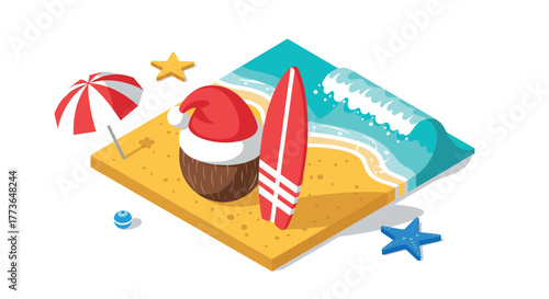 Tropical holiday beach scene with surfboard and santa hat in 3d isometric style