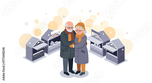 Elderly couple enjoying winter wonderland at outdoor market