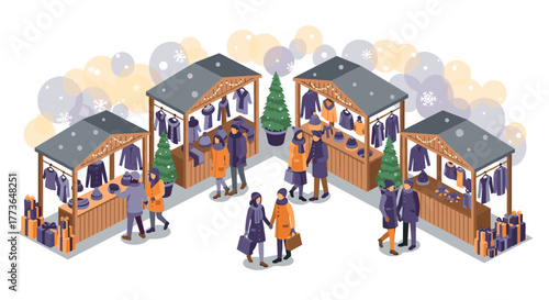 Festive winter market scene with shoppers and stalls in isometric style