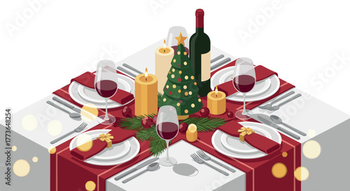Elegant holiday table setting with festive decor in isometric design