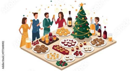 Festive holiday gathering with christmas tree and assorted desserts on table