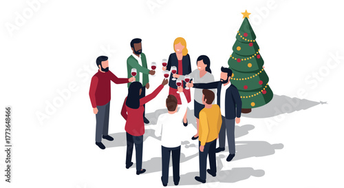Isometric holiday celebration diverse group toasting near decorated christmas tree