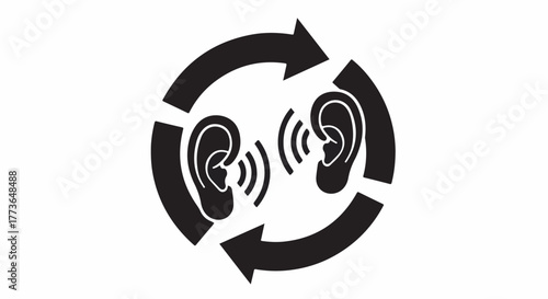 Symbol of communication and listening, with arrows showing an exchange of sound between two ears.