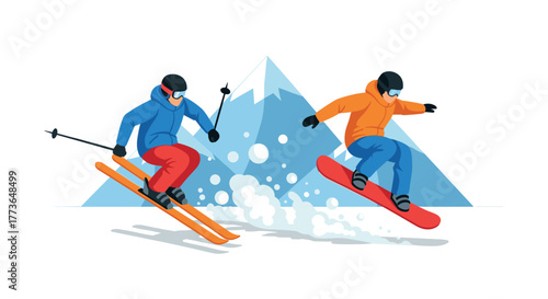 Dynamic winter sports skiing and snowboarding adventure in the mountains