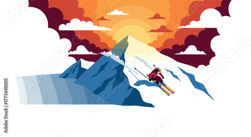 Vibrant mountain adventure with skier in motion at sunset
