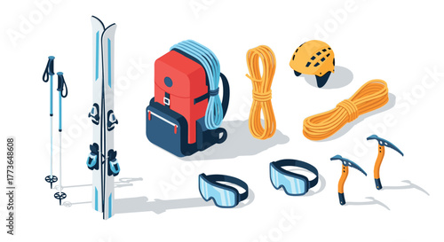 Essential isometric mountaineering gear set with skis, ropes, and safety equipment