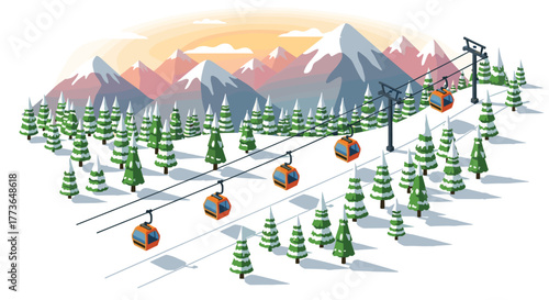Alpine cable cars in winter mountain landscape with pine trees and snowy peaks