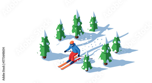 Isometric winter scene with skier navigating snowy forest