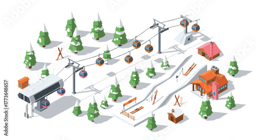Isometric ski resort with cable cars and snowy pine trees in winter landscape