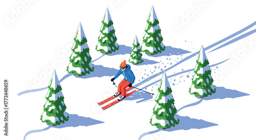 Isometric winter scene with skier navigating snowy pine forest