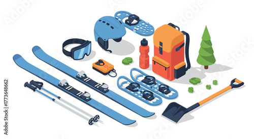 Isometric winter sports equipment collection for outdoor adventures