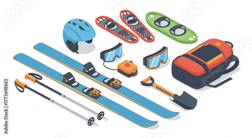 Winter sports gear set isometric ski equipment, snowboard, helmets, goggles, backpack