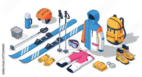 Winter sports gear isometric set with skis, backpack, and safety equipment