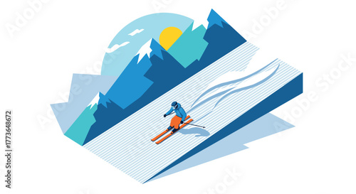 Winter sports adventure on ski slopes with snowy mountain background in isometric design
