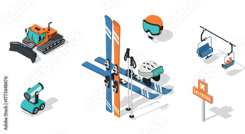 Winter sports equipment and activities in isometric style for ski resort enthusiasts